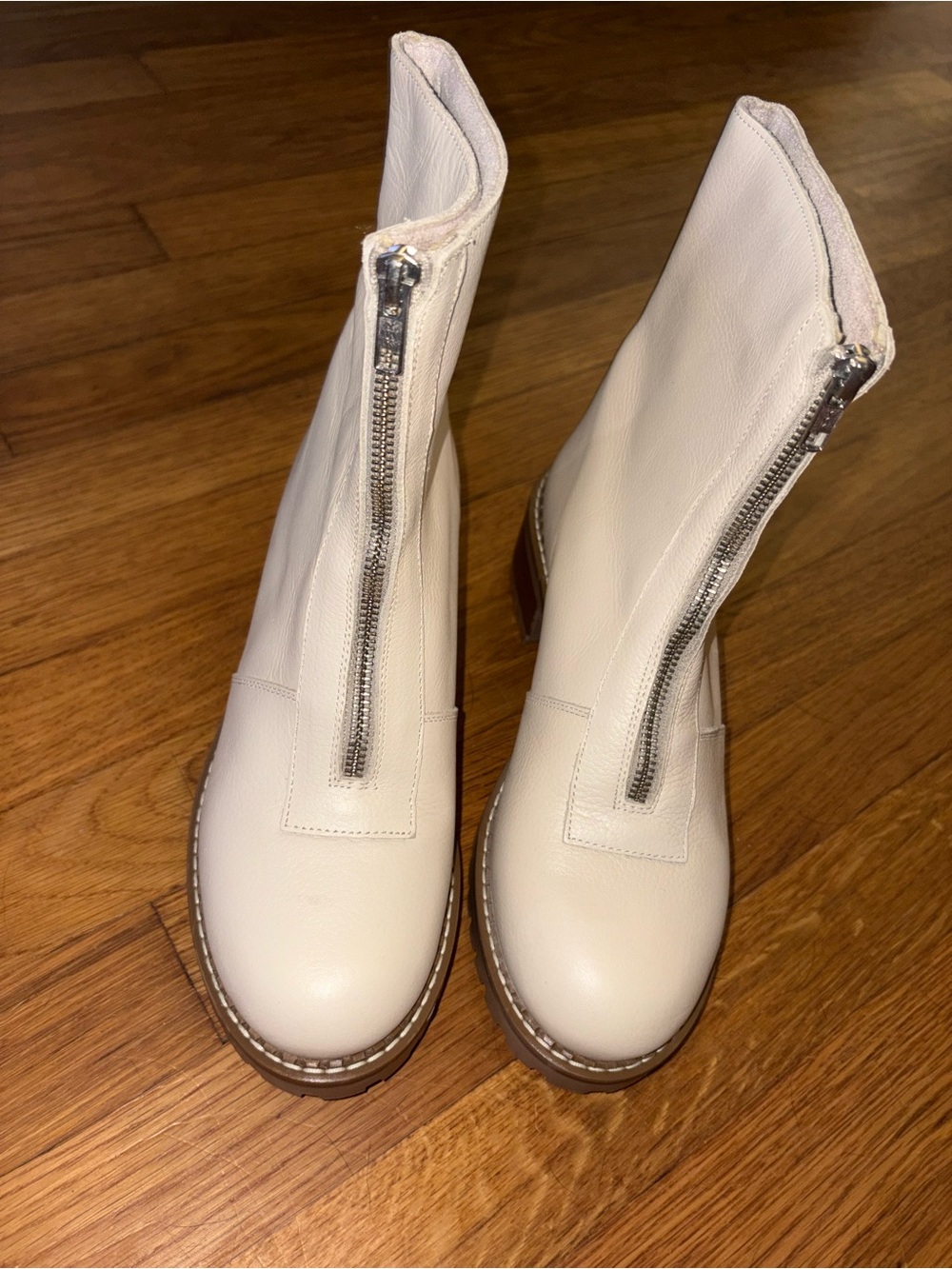 Front-Zip Cream Leather Ankle Booties